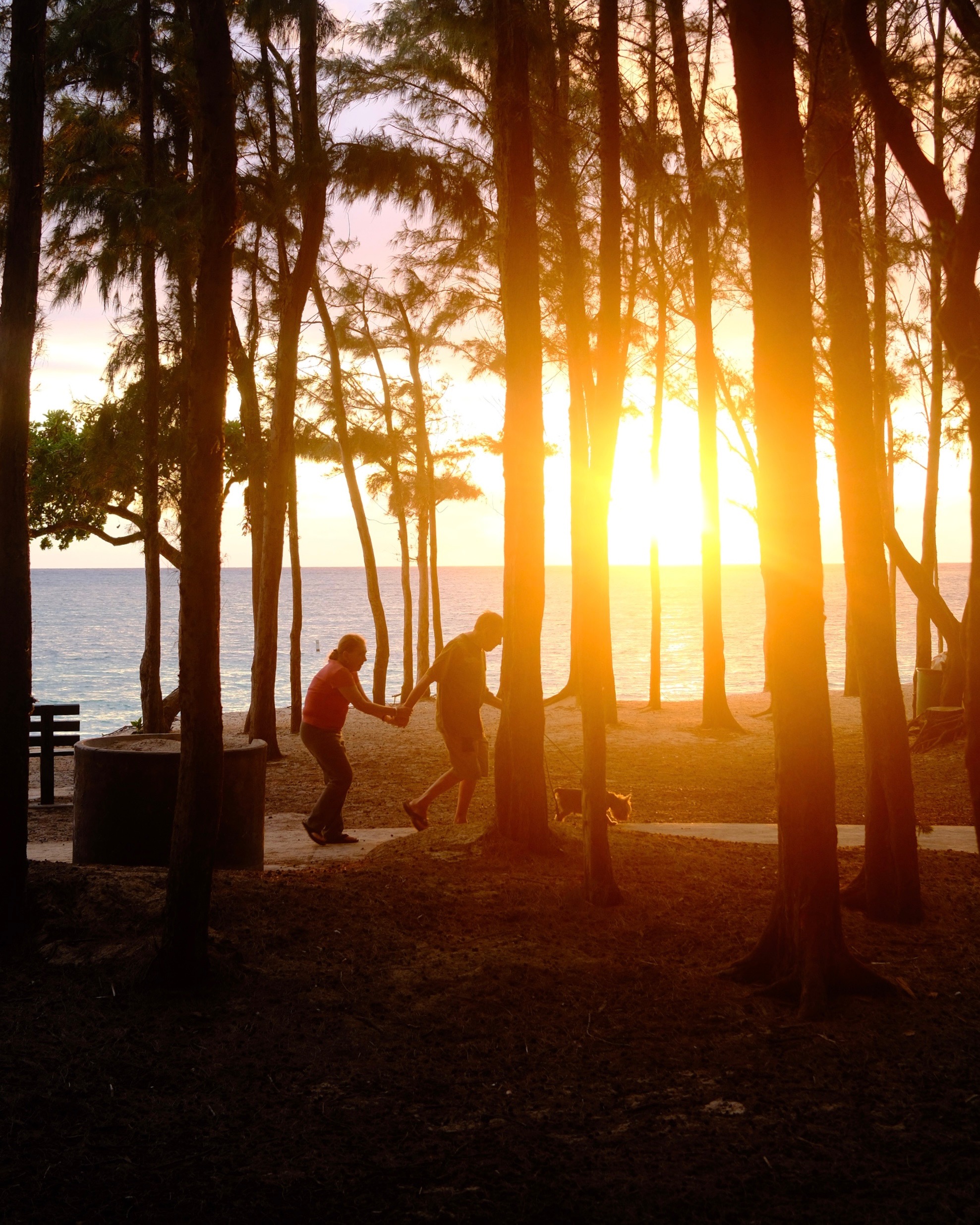 Two figures walking together at sunrise by the ocean in Hawaiʻi